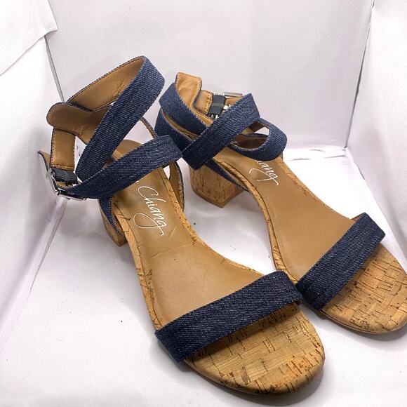 Arturo Chiang Cork Block Heel Navy Blue Denim Canvas Ankle Strap Sandal Sz 8M - Picture 1 of 7